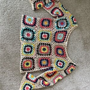Handmade Crochet Boho Square Cardigan - Multicolor & Beige